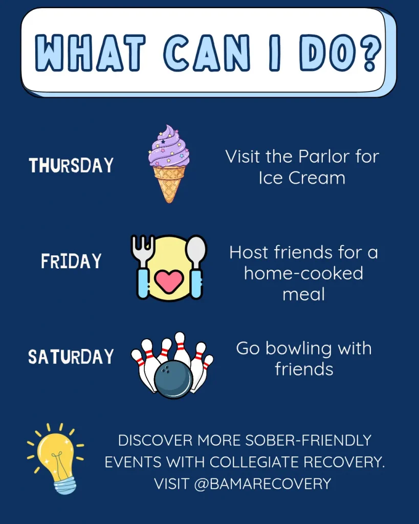 What Can I do? Image includes a list of ideas for sober activities, including Ice cream with friends, hosting dinner, going bowling, and following Collegiate Recovery for more activities.