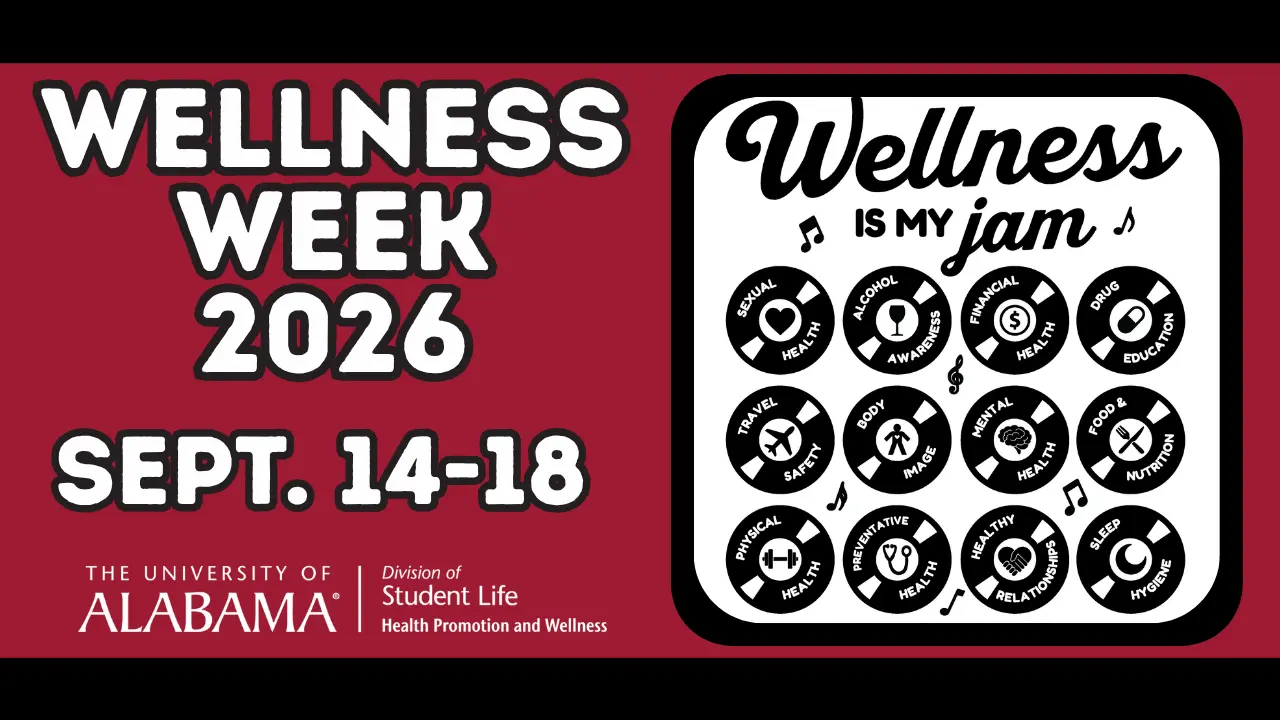 Wellness Week 2026 graphic with text reading September 14–18 and Wellness Is My Jam, featuring record icons.
